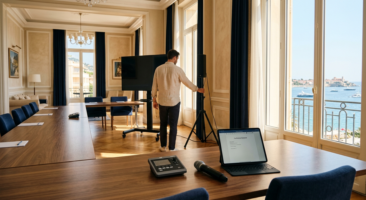 A Riviera hotel meeting room being set up with a screen, speaker and microphone ahead of an event